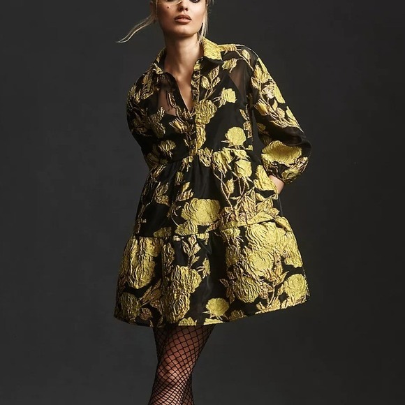 Anthropologie Dresses & Skirts - Anthropologie Bettina Jacquard Tiered Mini Shirt Dress Black Gold Floral Medium